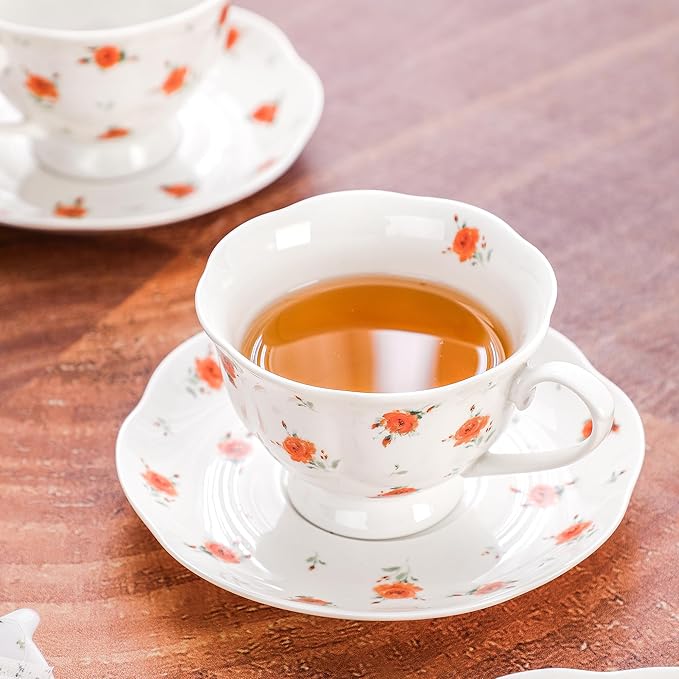 12-Piece Porcelain Tea Cup Set, 6 Cups & 6 Saucers with Classic Rose Pattern, Ceramic 6oz Scalloped Cups, Dishwasher & Microwave Safe