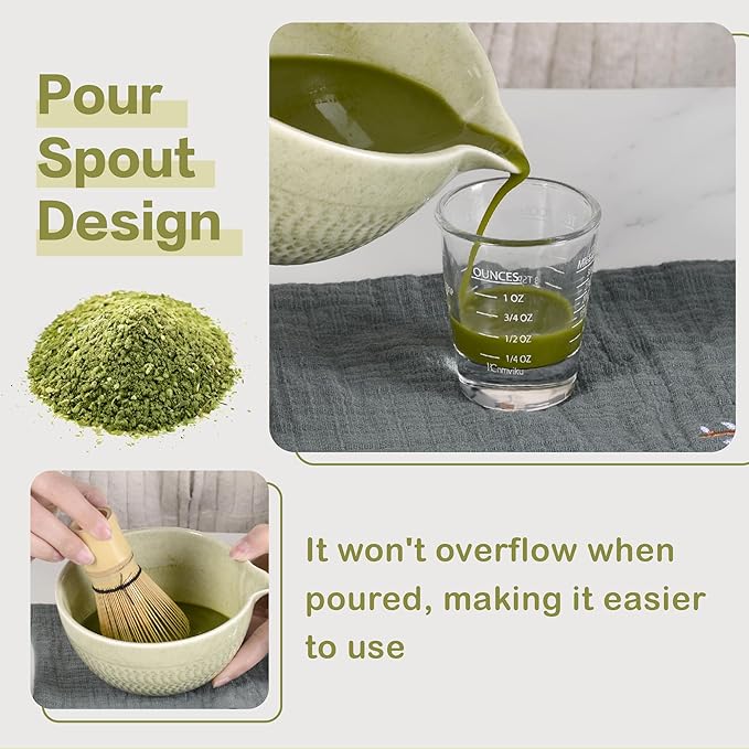 Matcha Bowl with Spout, 500 ml/18 oz Ceramic Matcha Mixing Bowl, Japanese Ceremonial Matcha Chawan for Matcha Powder/Salad/Fruit/Soup/Tea - Matcha Green