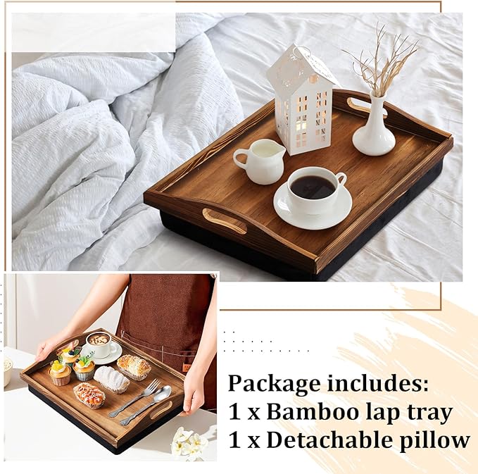 Tioncy 1 Piece Bamboo Lap Tray with Detachable Pillow 16.9'' x 13'' Lap TV Trays Desk with Handles for Adults Eating in Recliner Breakfast Housewarming Gift (Burn Color)