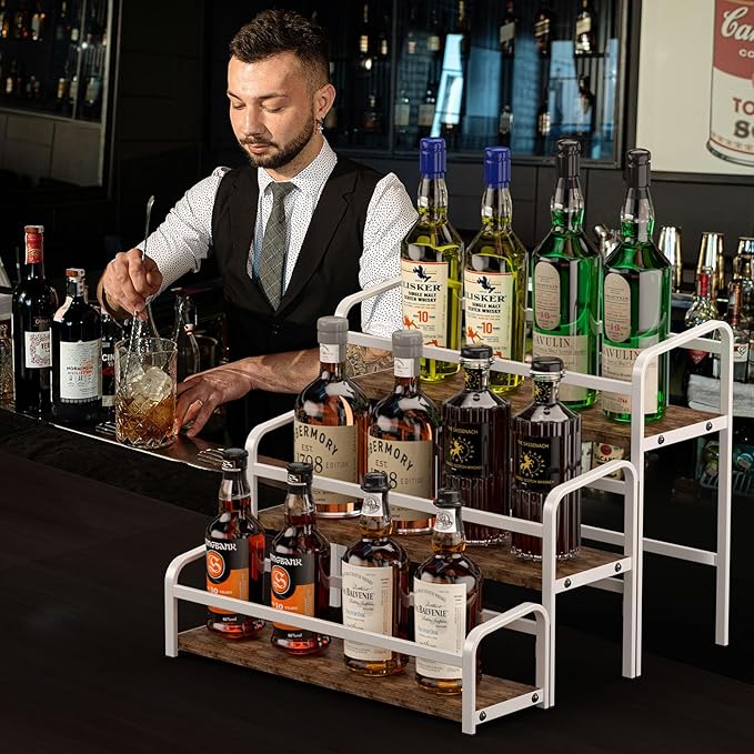 DTUQYX Coffee Syrup Organizer 3-Tier, 12 Bottles Capacity Coffee Syrup Rack, Syrup Stand for Spice, Wine, Liquor, Bottle, Coffee Bar Station Racks Magnetic, No Installation (Dark-Colored Wood, White)