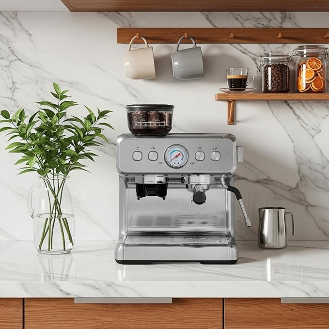 Kndko Espresso Machine with Grinder, 20 Bar Automatic Espresso Maker with Milk Frother Steam Wand, Removable Water Tank, Latte & Cappuccino Machine for Home Barista
