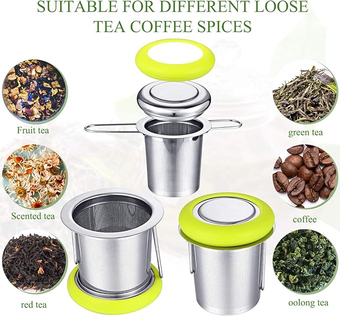 2 Pieces Tea Infusers Stainless Steel Strainer Folding Handle Filter Extra Filter Fine Mesh Strainer Brewing Basket with Lid for Loose Leaf Tea