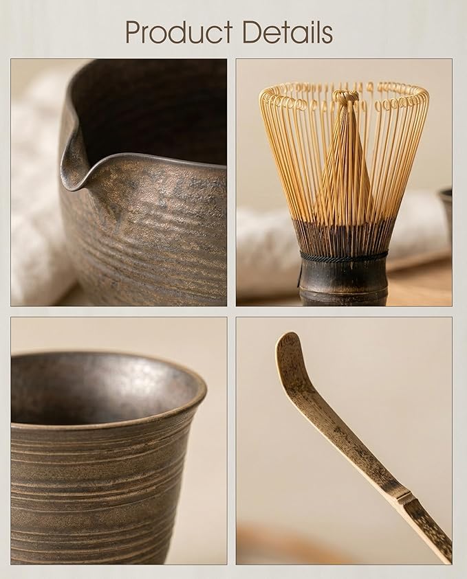 Matcha Whisk Set, 4-Piece Matcha Kit with Handmade Ceramic Bowl, 100-Prong Bamboo Whisk & Holder, Tea Scoop– Premium Matcha Tea Set for Beginners & Tea Lovers, Gift Ready