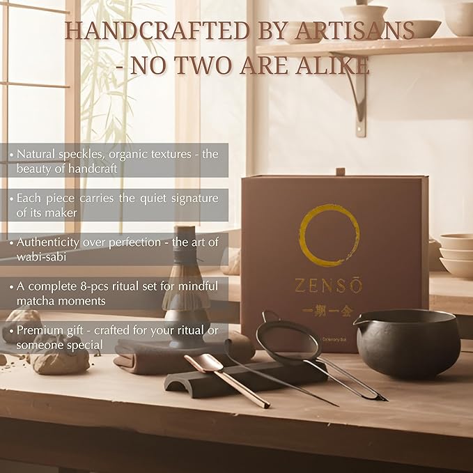 ZENSO Premium Matcha Whisk Set – 8 Piece Japanese Matcha Tea Ceremony Kit | Handmade Ceramics - Matcha Bowl, Purple Bamboo Whisk, Whisk Holder, Sifter, Scoop & Scoop Holder, Tea Cloth, Tea Spoon