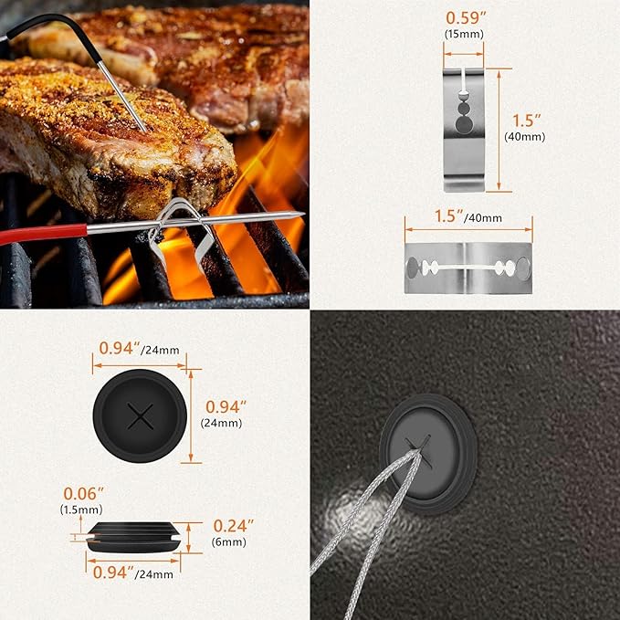 2-Pack Temp Meat Probe Replacement for Pit Boss Pellet Grills and Smokers, 3.5 mm Plug Thermometer Probes with 2 PCS Probe Grommets and Clips