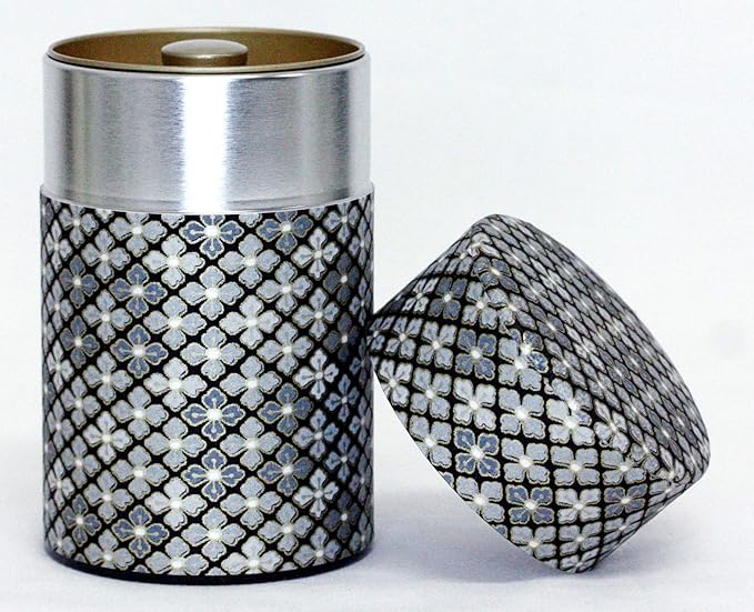 Washi Paper Tea Tin Canister: Long 3.5oz (100g) Silver Lining (#124), Japan