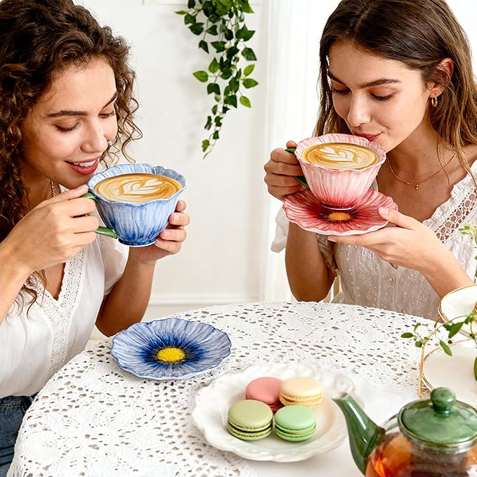 JUSONEY 10 oz Tea Cups and Saucers, Ceramic Flower-shaped Cappuccino Cup, Latte Cup and Saucer set, elegant floral Espresso Cup set, cups are microwave and dishwasher safe-Red