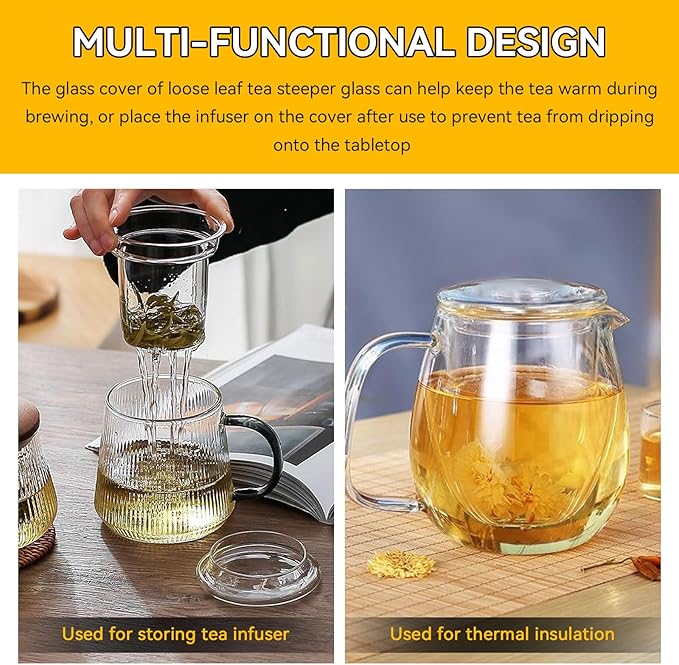Glass Tea Infuser with Dual-Purpose Lid/Coaster for Teabloom, Glass Tea Strainers for Loose Tea-leaves, Universal Steeper for Teapots, Mug, Bottle, Cup, Travel Tumblersm Microwave & Dishwasher Safe