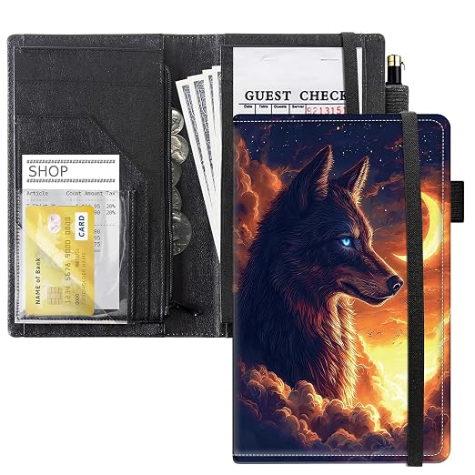 Server Books for Waitress, 5x9 Inch Waitstaff Server Order Pads, 11 Large Pockets, Cute PU Leather Waitress Book Server Wallet with Elastic Band Fit Server Apron,Wolf at Moonlit Night by Unknown