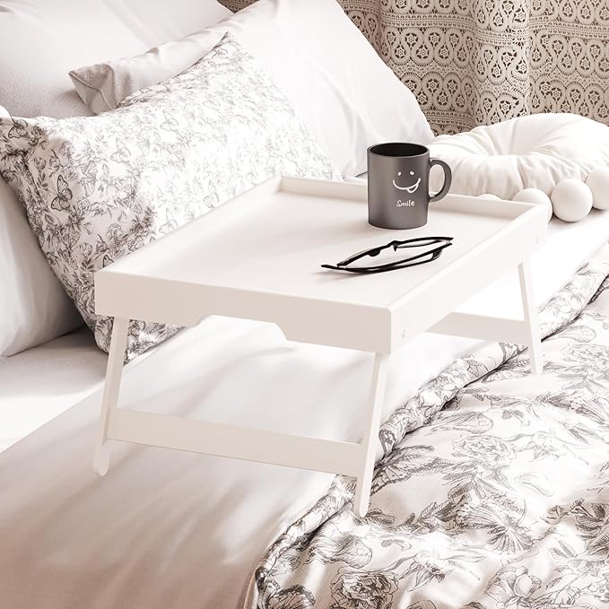2 Pack Bamboo Bed Tray Table with Folding Legs,Breakfast Trays,Serving Tray for Food and Snack,Laptop Trays for Working(White)
