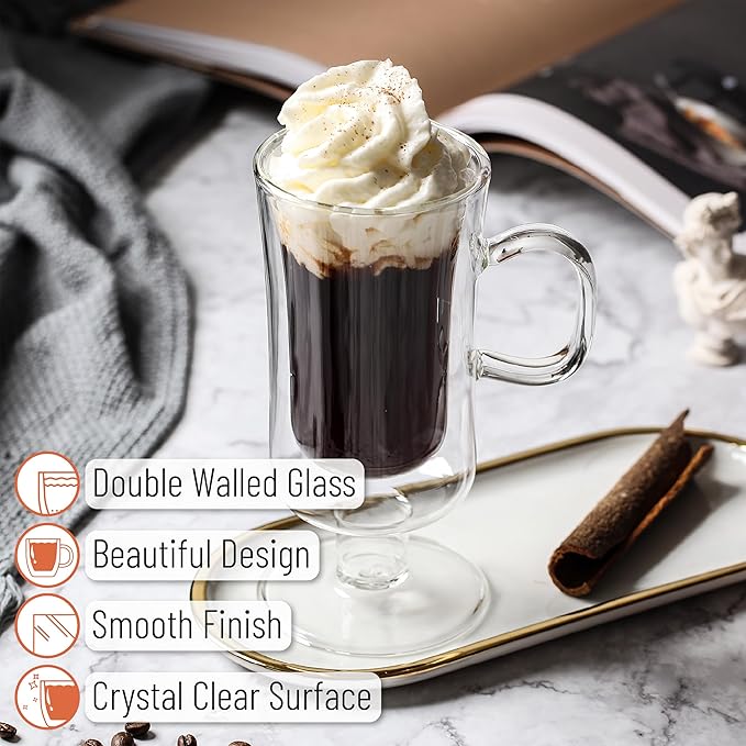 BTaT- Double Walled Glass Irish Coffee Mugs, 10 oz, Set of 4, Glass Coffee Cups with Handle, Insulated Clear Irish Coffee Mug for Hot and Cold Beverages, Cappuccino, Latte, Americano, Microwave Safe