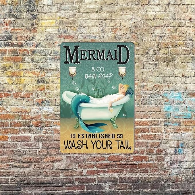 Mermaid Decor Vintage Funny Mermaid Bathroom Decor Vintage Metal Tin Sign - Wash Your Tail - Cafe Office Home Toilet Signs Room Bedroom Wall Decor 8X12Inch - Image 4