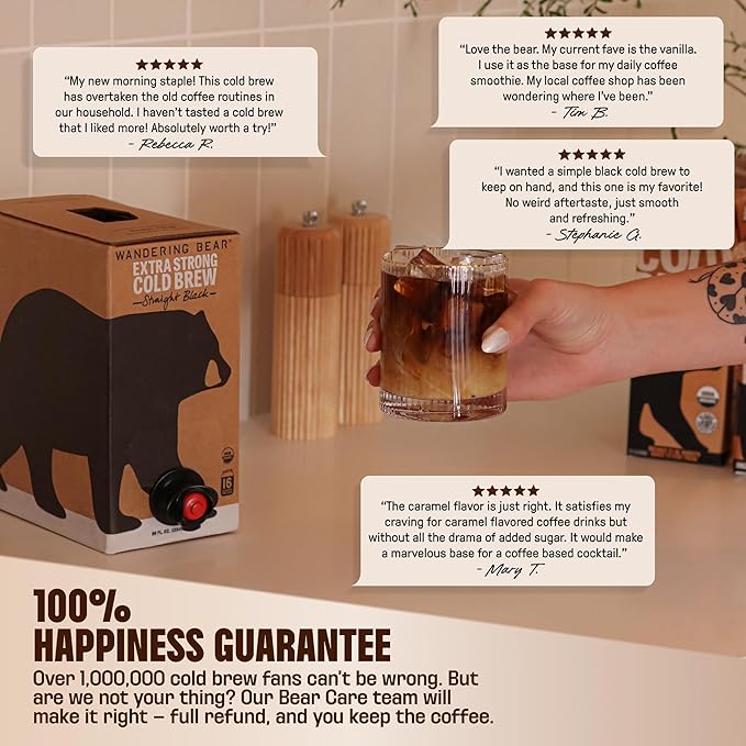 Wandering Bear Decaf Cold Brew Coffee On Tap, Iced Coffee Drink - Bold, Smooth, No Sugar Added, Shelf-Stable, Ready to Drink, Gluten Free & Vegan Decaf - 16 Servings of 6fl.oz - 96fl.oz