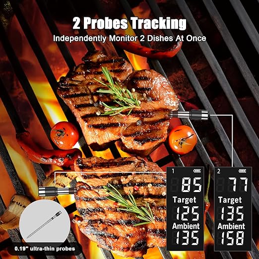 Wireless Meat Thermometer Digital - 800FT Bluetooth Food Thermometer for Cooking, NIST Certified Accuracy ±0.5°, Standalone Base Dual Probes for Kitchen Grill BBQ Oven Smoker Rotisserie