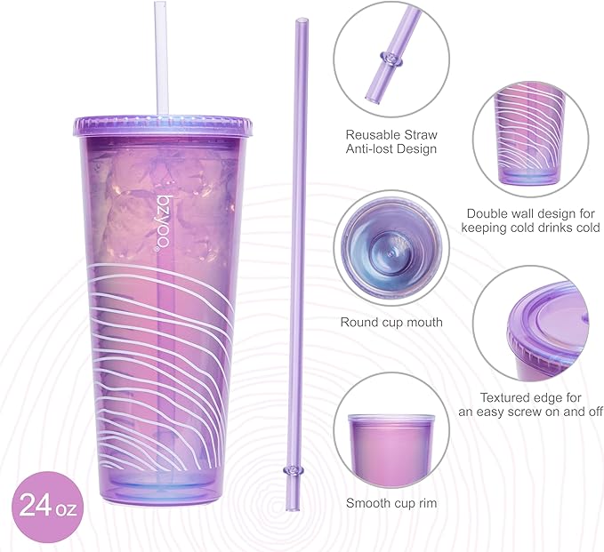 bzyoo SIP 24oz (710ml) Double Wall Plastic Tumbler with Lid and Straw Cold Drink Travel Mug Reusable Ice Coffee Tea Cup Perfect for Office Poolside Parties Gifts Color: Pearl Purple