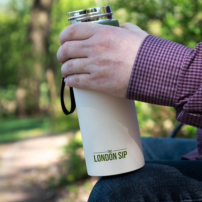 The London Sip 25 oz Multi-Purpose Tea Infuser Mug – Fruit Infuser Water Bottle for Hot and Cold – Double Wall Stainless Steel Insulated, Safari Beige