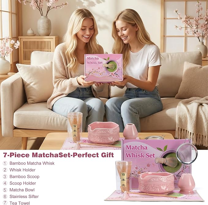 Matcha Whisk Set,7 Pcs Matcha Kit Set with Bowl & Holder, Bamboo Whisk (Chasen), Scoop, Spoon and Sifter and Tea Towel,Matcha Kit Covers Everything Needed for Making Matcha (Pink)