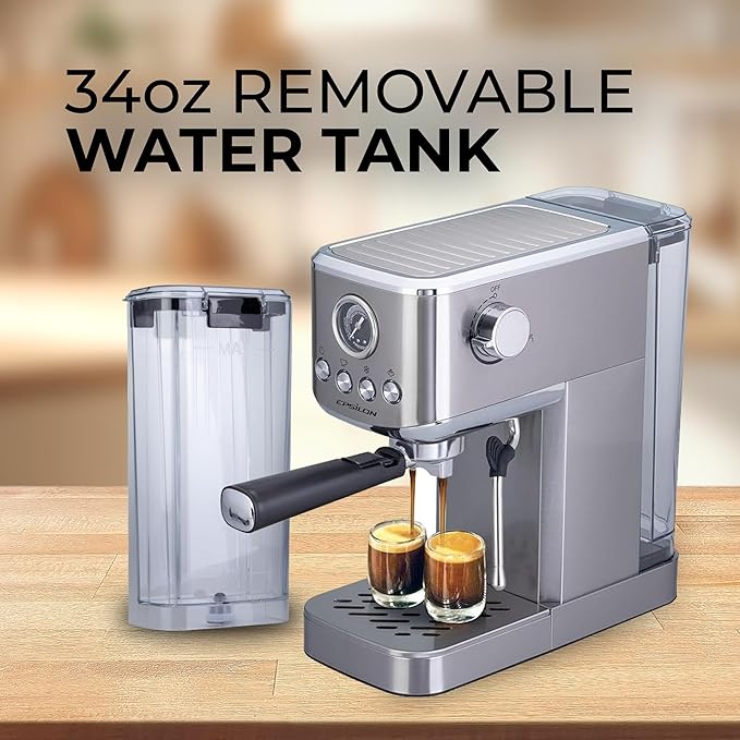 Epsilon Coffee Machine with Milk Frother, Compact 20-Bar Espresso Maker, Hot and Iced Coffee Maker with Removable Water Tank, Cold Brew Feature, and Steam Wand, 1.2L Capacity - Stainless Steel