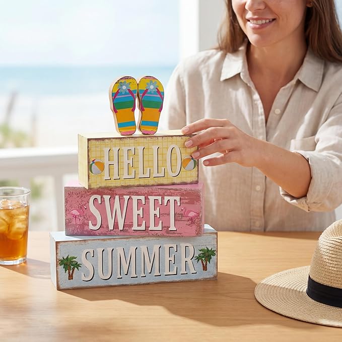 Geelin 4 Pcs Summer Decorations Wooden Sign Hello Summer Flip Flop Table Centerpiece Tiered Tray Decor Beach Farmhouse Blocks Table Top Sign for Home