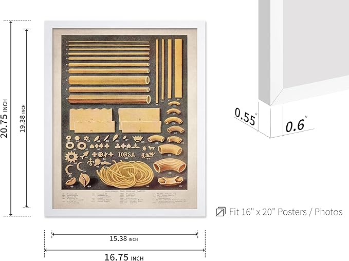 Poster Master Vintage Food & Drink Poster - Retro Pasta Print - Varieties of Pasta Art - Gift for Him, Her, Chef, Cook - Great Decor for Restaurant, Kitchen, Dining Room, 16x20 White Framed