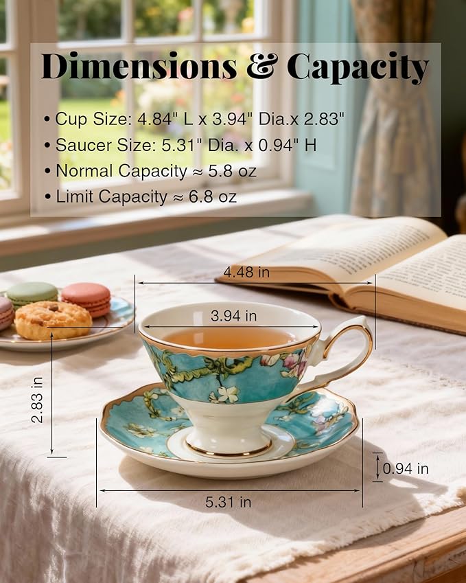 Exquisite Bone China Tea Cups and Saucer Set – Elegant Porcelain Tea Cups, Beautifully Detailed for Tea Lovers, Gift-Ready for Christmas, Hostess, Holiday Gift & Fall Decor