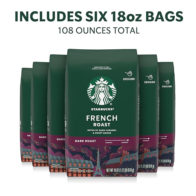 Starbucks Ground Coffee, Dark Roast Hot or Iced Coffee, French Roast, Six 18 oz Bags