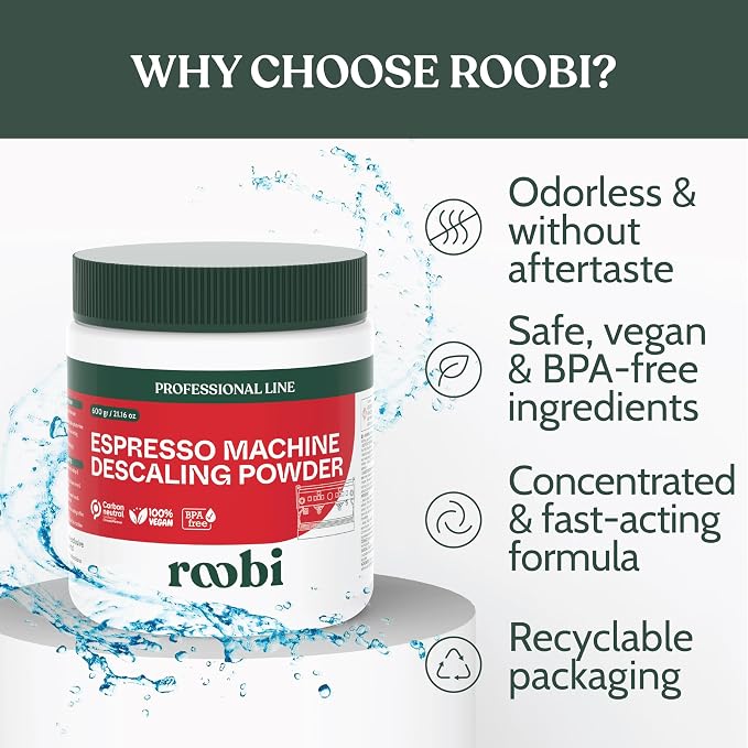 Roobi Professional Espresso Machine Descaling Powder. Carbon Neutral Espresso Descaler Powder. Up to 21 uses, 600gr. - Image 8