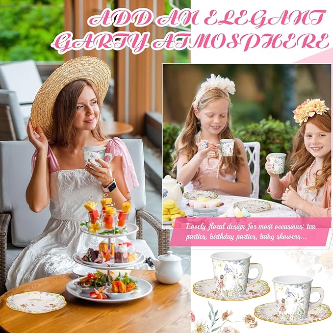 Umigy 60 Sets Tea Party Decorations 6.5 oz Fairy Floral Paper Tea Cups with Handle and Plates Disposable Blossom Teacups and Saucers Sets with Tape for Birthday Hot Cold Drink (Floral,6.5 oz,Blue)