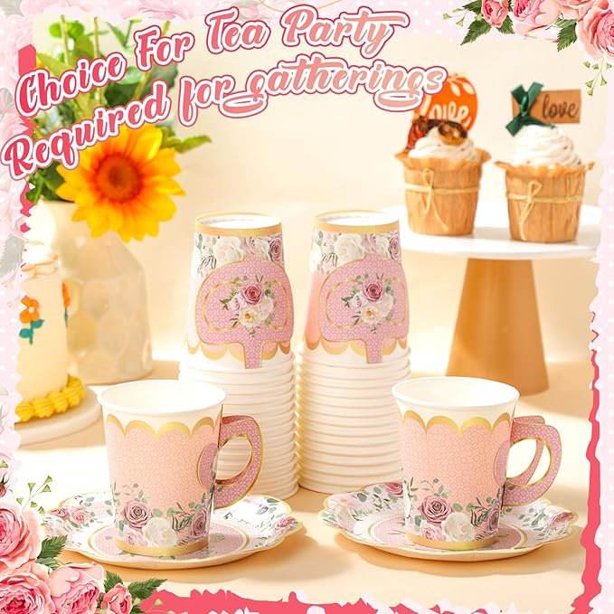 Domensi 60 Pieces Tea Party Decorations Include 30 Pcs 9 oz Paper Cups with Handle and 30 Pcs Tea Party Paper Plates Disposable Blossom Teacups and Saucers for wedding Favors(Elegant)