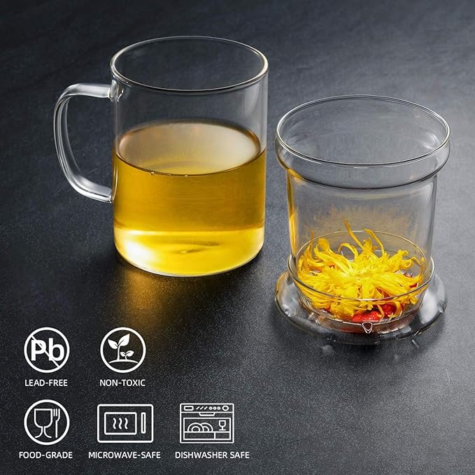 Lezero 14oz Tea Infuser Cups Kit for Loose Leaf-Tea Blooming, Glass Mug with Filter and Lid for Steeping Brewing, Heat Resistance, Lead-free, Microwave & Dishwasher Safe