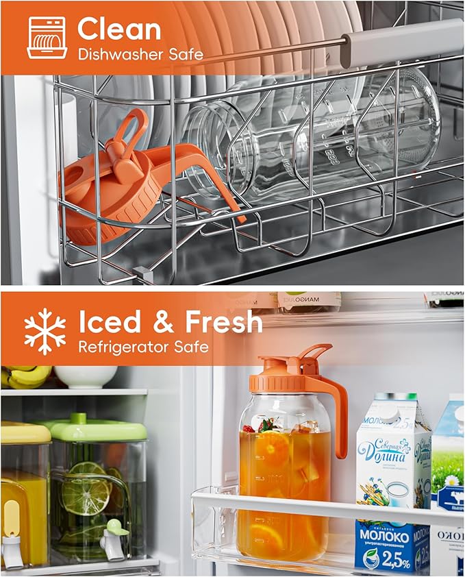 Glass Pitcher with Airtight Lid and Spout, 64oz Mason Jar Pitcher - Wide Mouth, Leakproof Water Jug for Juice, Sun Iced Tea, Cold Brew Coffee, Milk Storage, Orange