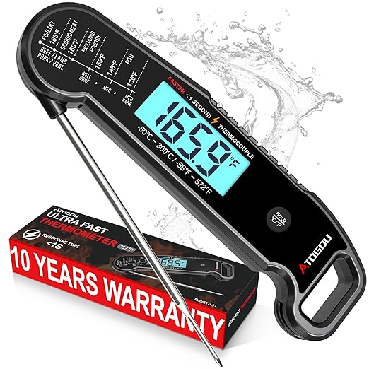 Atogou Meat Thermometer, Professional Food Thermometer, <1 Sec Instant Read, ±0.5℉ Accuracy, Thermocouple Sensor, Waterproof Digital Thermometer for Cooking, BBQ, Grill, Him Dad Birthday Gifts, Black