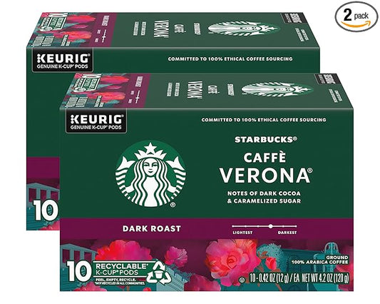 Starbucks Caffe Verona Coffee K-Cup Pods, Dark Roast Arabica Coffee, 20 Count (Pack of 2 Boxes)