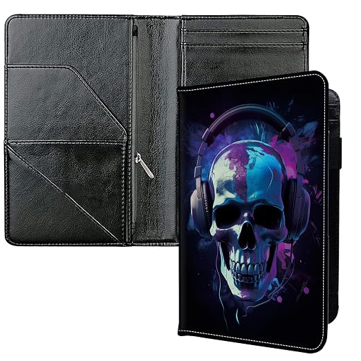 Server Books for Waitress, with 7 Large Pockets, Waiter Serving Book, Waitstaff Server Order Pads, Cute PU Leather Server Book with Pen Holder Fit Server Apron, Skull in Headphones by Unknown
