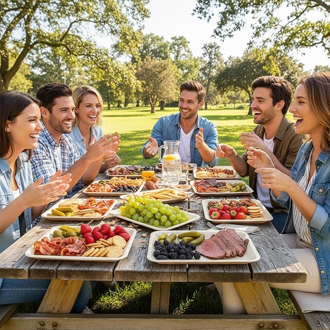 Dicunoy 20 PCS Palm Serving Plates, 14" x 9" Disposable Charcuterie Boards, Rectangle Bamboo Wood Like Platters Trays, Heavy Duty Party Plates for Dinner, Weddings, BBQ, Catering, Events