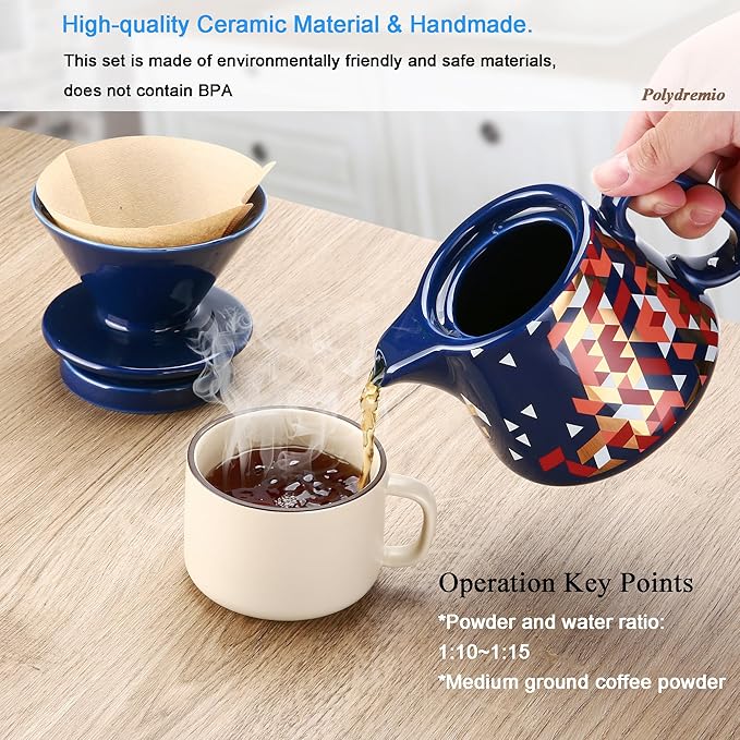 Pour Over Coffee Maker, Ceramic Coffee dripper with 100 pcs Paper Filter, Ceramic coffee Server with Lid, 15.5oz/450 ml, Suitable for 1-2 people (Blue)