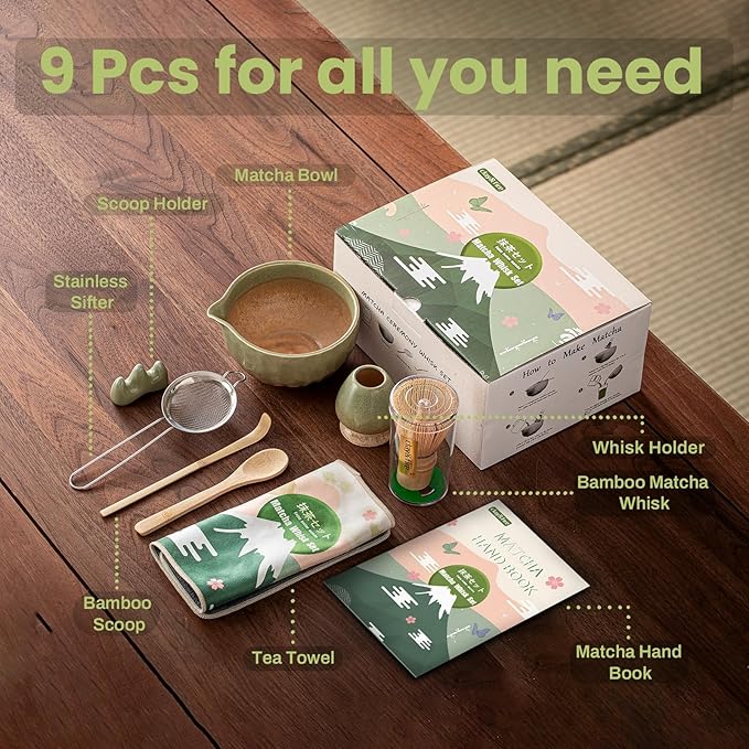 Clay&Fire Matcha Whisk Set，9 Pcs Ceramic Matcha Set, 15 OZ Matcha Bowl with Spout and Whisk for Friend, Ideal Gift for Matcha Lover（Starry）