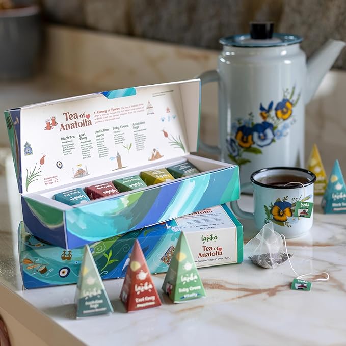 Lazika Tea Sampler with Lovely Presentation Box, 10 Counts, 2 of Each Blend Individually Wrapped, Black, Green and Herbal Tea Variety Gift Set, Premium Collection with Pyramid Infuser Bag, Handcrafted