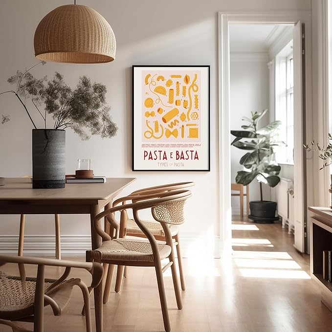 Poster Master Vintage Illustration Poster - Retro Food Print - Types of Pasta, Yellow, Spaghetti, Rotini, Penne - Gift for Artist, Chef - Wall Decor for Kitchen, Restaurant, 18x24 Unframed Wall Art