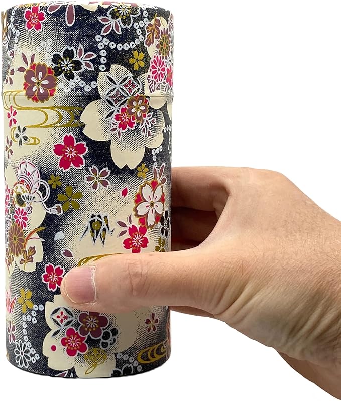 Japanese Tea Canister Tin Hanatsudumi(Flower Drum) DarkBlue black/Double Lid/Japanese Washi Paper Pasted /200g Tea Capacity/Loose Leaf Tea Storage/Storage Container with Lid