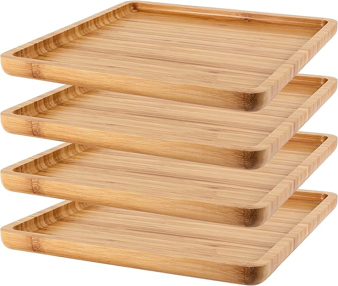 4 Pack 11.8 Inches Square Bamboo Tray, Natural Bamboo Serving Platter, Bamboo Serving Tray for Coffee, Tea, Fruits, Cheese