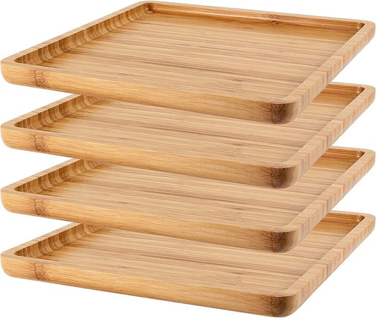 4 Pack 11.8 Inches Square Bamboo Tray, Natural Bamboo Serving Platter, Bamboo Serving Tray for Coffee, Tea, Fruits, Cheese