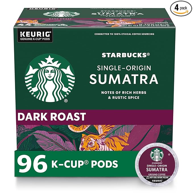 Starbucks K-Cup Coffee Pods, Dark Roast Coffee, Sumatra for Keurig Brewers, 100% Arabica, 4 boxes (96 pods total)