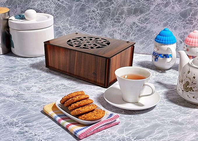 RoyalHouse Premium Wood (Hard MDF) Tea Storage Box Organizer (Brown), Eco-Friendly Multi-Functional Decorative Box, 9 Compartments For Assorted Variety Of Tea Bags and Small Items