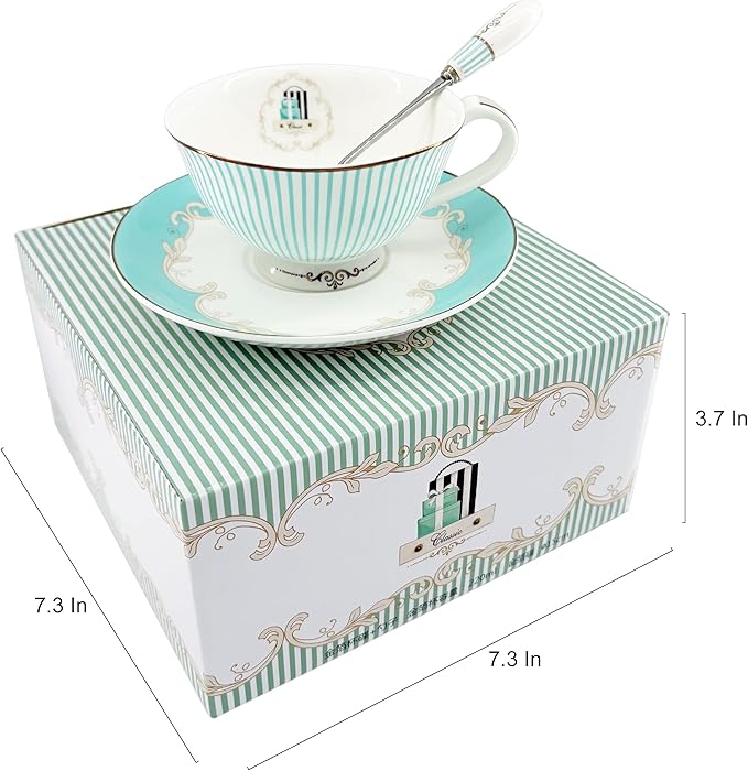 Vintage Ceramic Teacup Elegant Coffee Cup with Spoon and Saucer Set,Royal Bone China Tea Cups (Stripe)