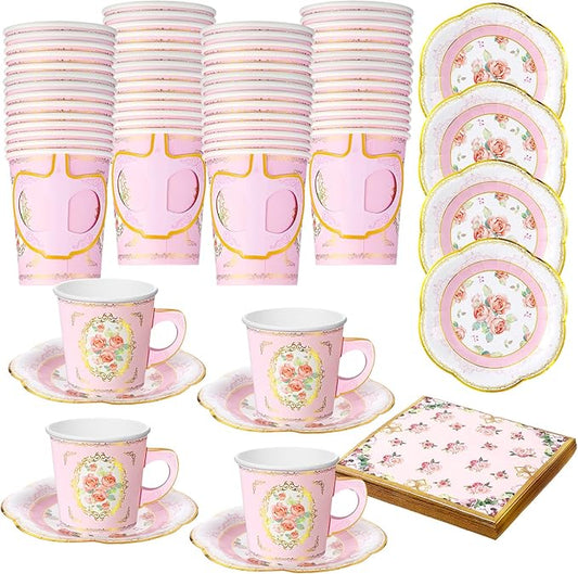 Umigy 36 Sets Tea Party Decorations 9 oz Floral Paper Tea Cups with Plates Paper Napkins Disposable Blossom Teacups and Saucers Sets for Girls Birthday Party Supplies(Pink)