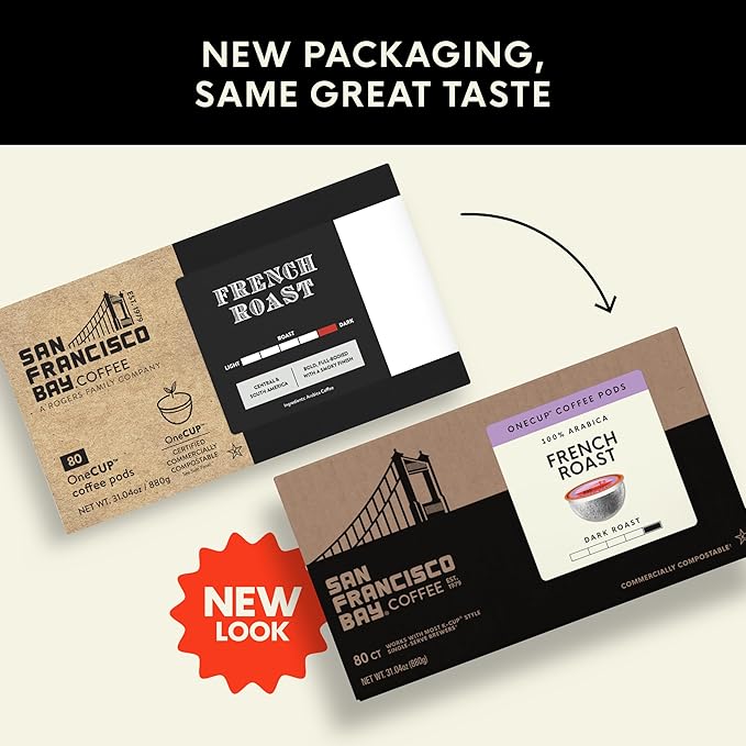 San Francisco Bay Coffee - Dark Roast - French Roast (80 ct) - Single Serve Coffee Pods, Commercially Compostable, K Cup Compatible