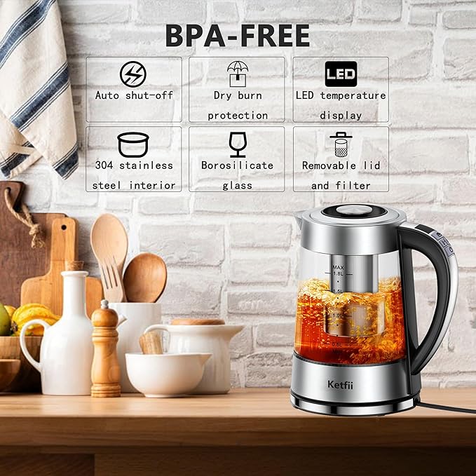 Electric Kettle with Temperature Control for Tea and Coffee, 1.8L 1500W, Keep Warm - Removable Infuser, Glass Tea Kettle Hot Water Boiler, BPA Free, Auto Shut Off, Boil-Dry Protection, Stainless Steel