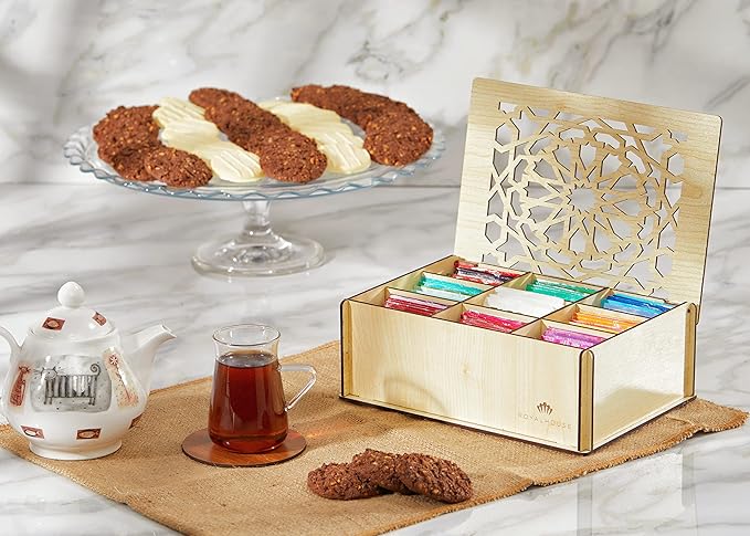RoyalHouse Premium Wood (Hard MDF) Tea Storage Box Organizer (White), Eco-Friendly Multi-Functional Decorative Box, 9 Compartments For Assorted Variety Of Tea Bags and Small Items