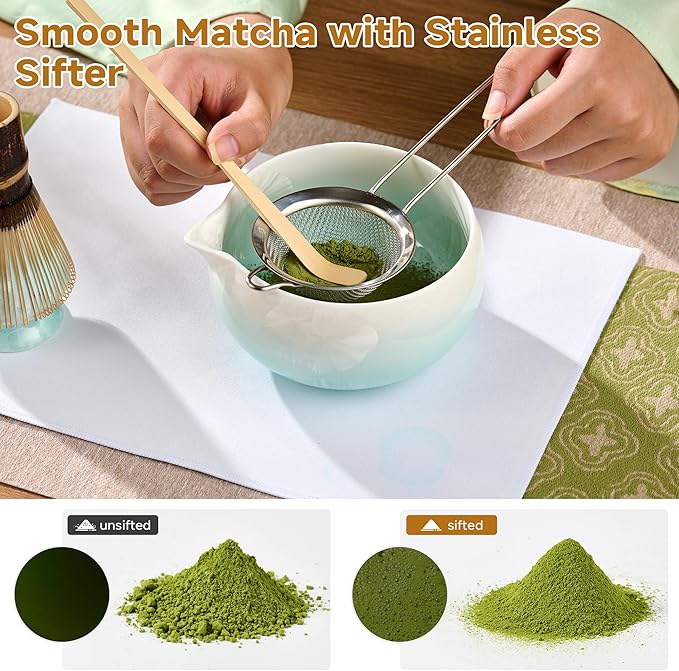 Matcha Whisk Set – Crystalline Glaze Bowl, Bamboo Whisk & Holder, Scoop & Sifter with Holder, Cup with Lid & Straw, Ice Cube Tray & Tea Towel – Blue Matcha Gift Set for Women, Women Gifts